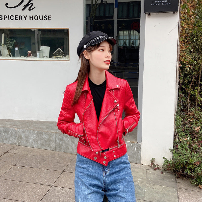 Women PU Leather Jacket Biker Motorcycle Coat Spring Leather Short Oblique Zipper Lapel Biker's Leather Jacket Coat
