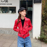 Women PU Leather Jacket Biker Motorcycle Coat Spring Leather Short Oblique Zipper Lapel Biker's Leather Jacket Coat