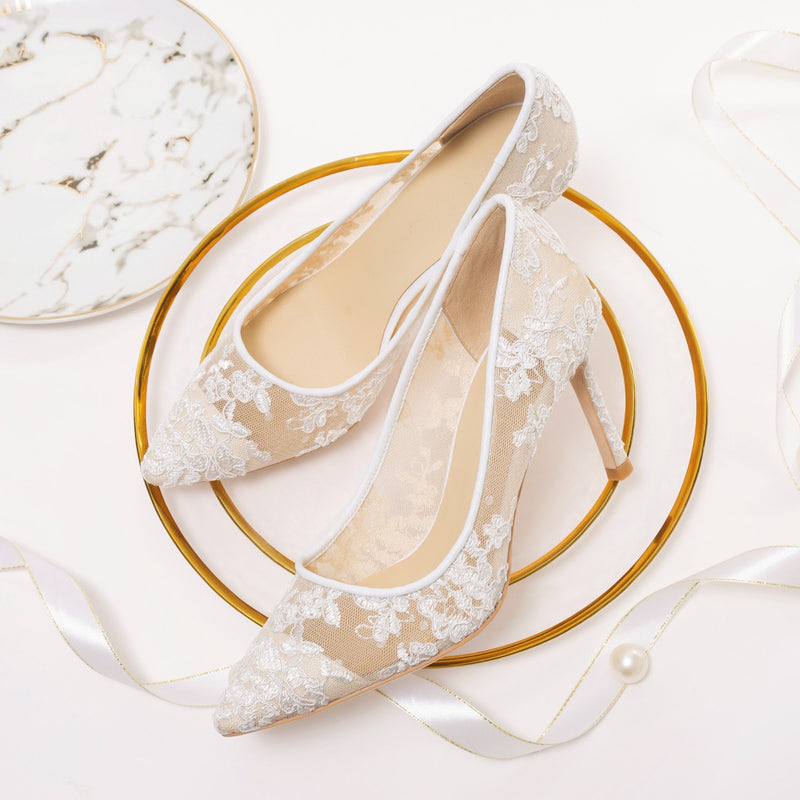 Nude Heels for Wedding White Mesh Lace High Heels Women's Stiletto Heel Wedding Shoes Female Bride Main Wedding Shoes Wedding Shoes