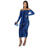 Women's Printed Wear Long Sleeve off Shoulder Sexy Flare Sleeve fang niu zi Dress