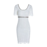 Women Spring Dress Lace Sexy Dress Cinched Slimming Short Sleeves Back Slit Dress
