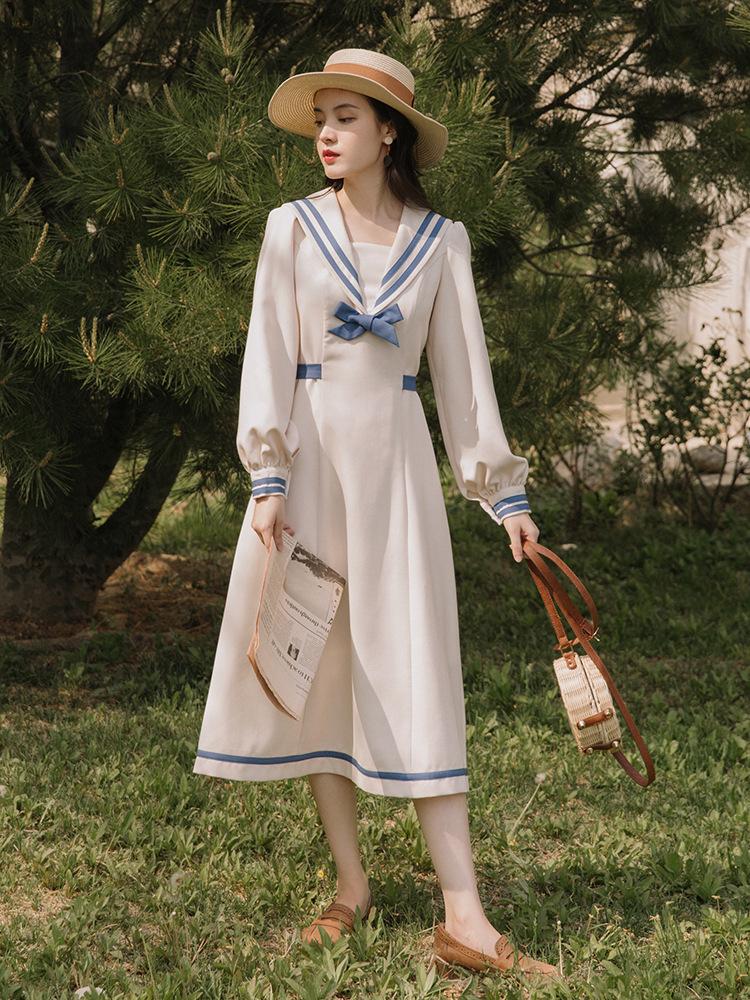 Autumn Retro Sailor Collar Waist Dress Cottagecore Academia Fashion Dresses