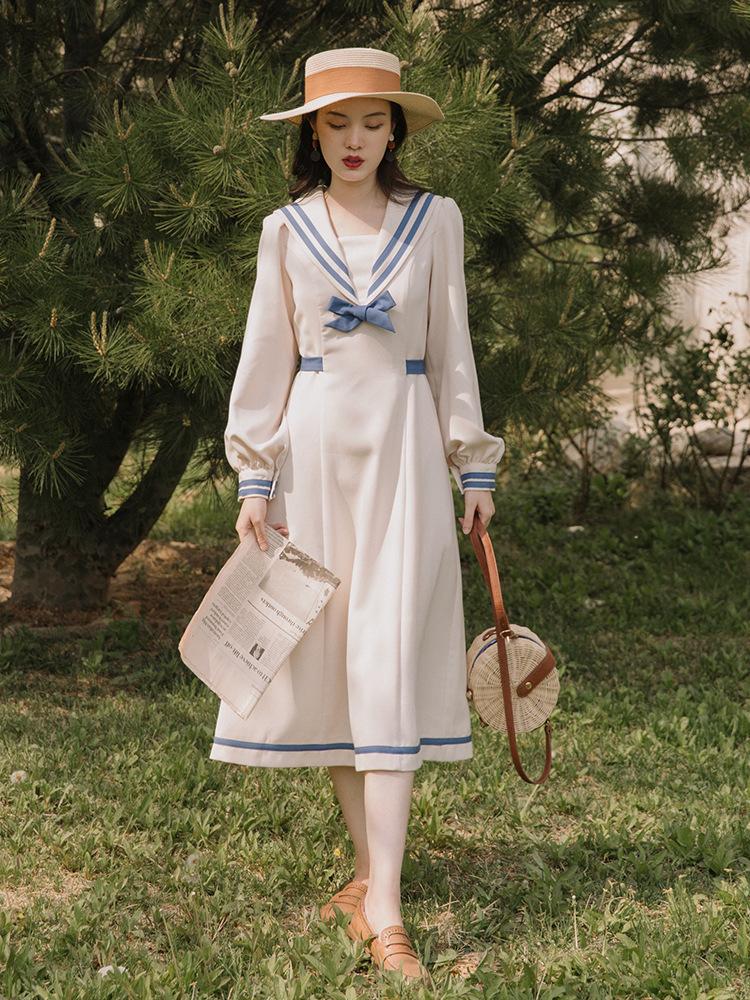 Autumn Retro Sailor Collar Waist Dress Cottagecore Academia Fashion Dresses