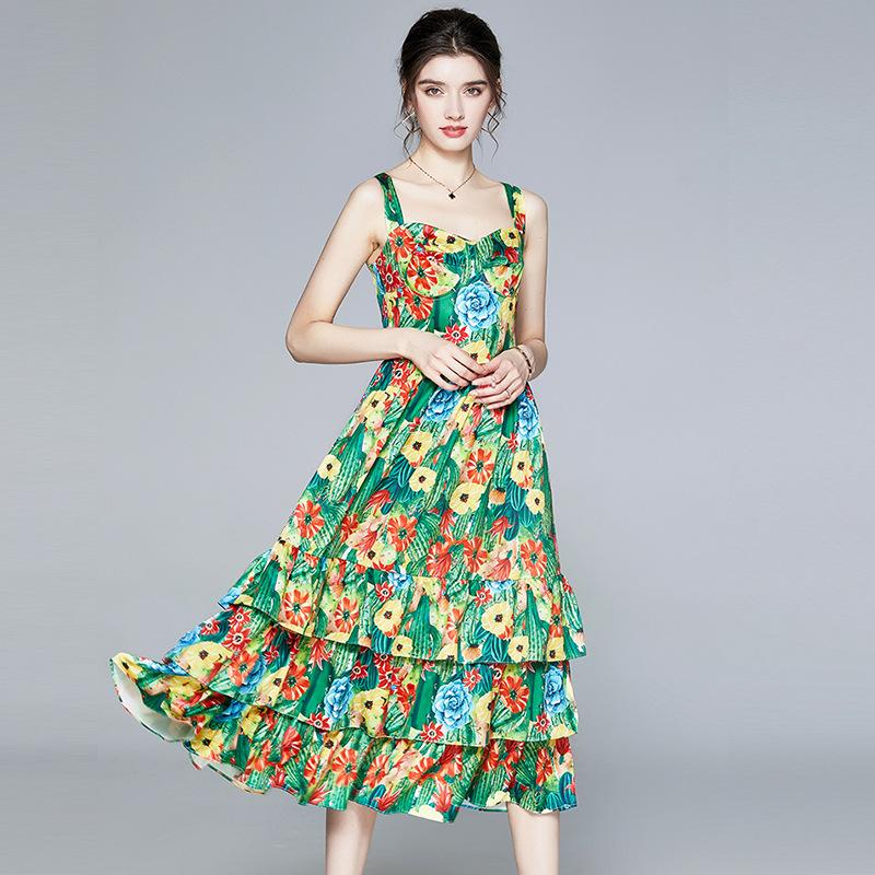 Retro Spaghetti Straps Cake Dress High Waist Cactus Print Cottagecore Aesthetic Dresses