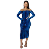 Women's Printed Wear Long Sleeve off Shoulder Sexy Flare Sleeve fang niu zi Dress