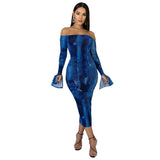 Women's Printed Wear Long Sleeve off Shoulder Sexy Flare Sleeve fang niu zi Dress