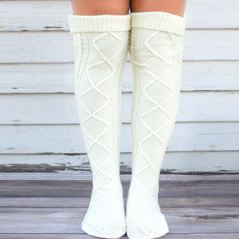 Winter Thick Knit Thigh High Socks Long Stockings Boot Rhombus Curling Overknee Long Boot Knitted Woolen Yarn Socks