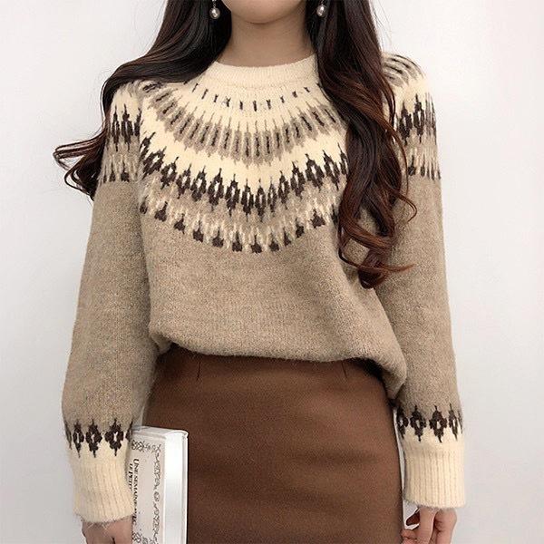 Fair Isle Sweater Cottagecore Outfits for Women Vintage SUNFLOWER Collar Sweater Loose Pullover Autumn and Winter