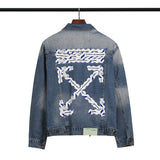 Arrow Denim Jacket Jean Coat Letter Arrow Washed Distressed Jacket Ow Men's and Women's Denim Jacket Owt