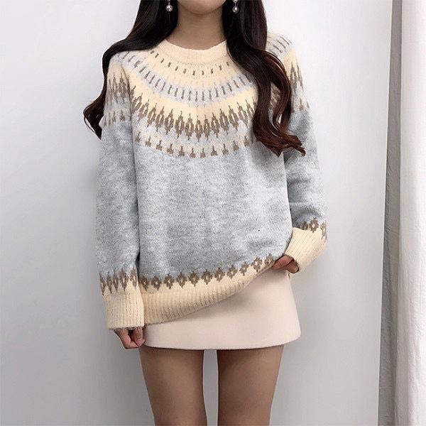 Fair Isle Sweater Cottagecore Outfits for Women Vintage SUNFLOWER Collar Sweater Loose Pullover Autumn and Winter