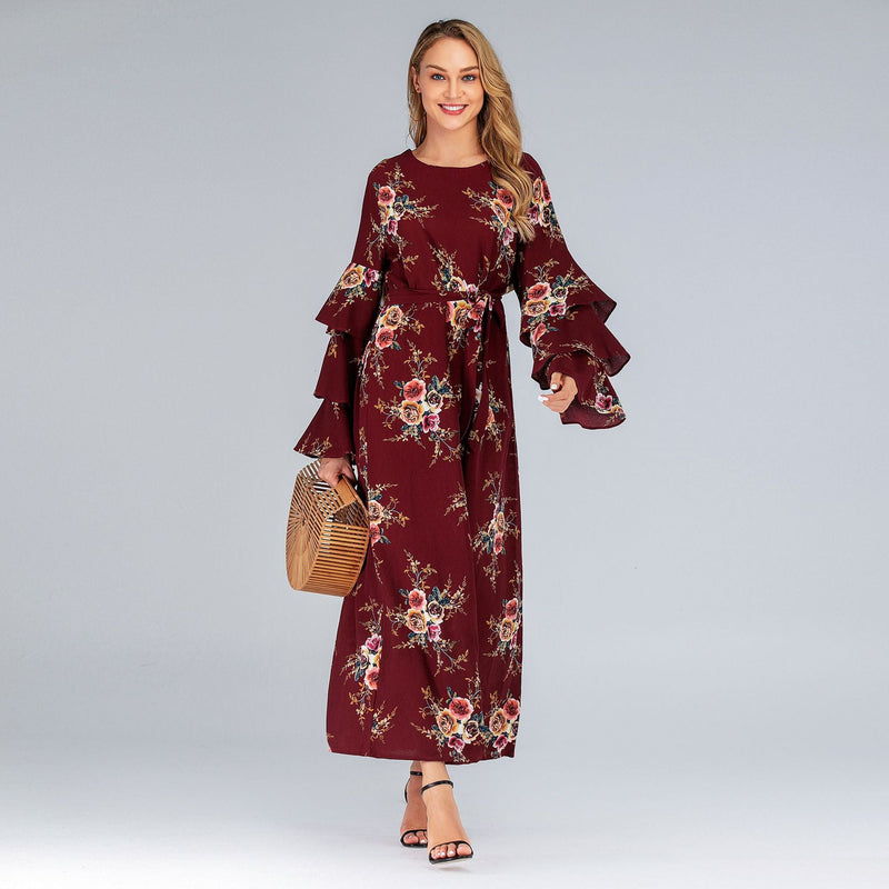 Muslim Women Stylish Kashibo Abaya Muslim Ladies Long Gown Islamic Clothing Jilbab Jalabiya Plus Size Fashion Loose Petal Sleeve Round Neck Printed Dress