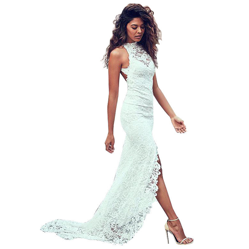 Women Lace Wedding Dress round Neck Lace Formal Dress Slim Mop Dress