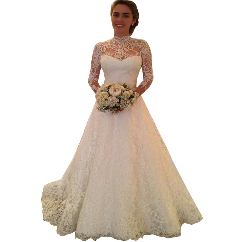 Women Lace Wedding Dress Lace Long Sleeve See-through Wedding Dress Formal Dress
