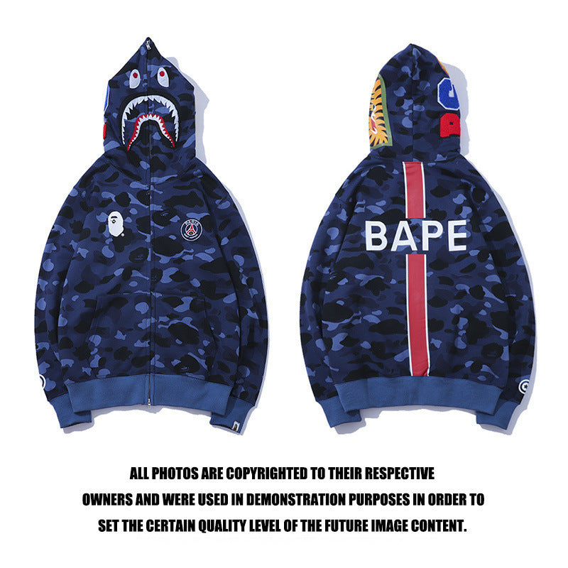 Shark Print Hoodie Autumn Hip Hop Shark Blue Cardigan Zipper Hooded Sweater