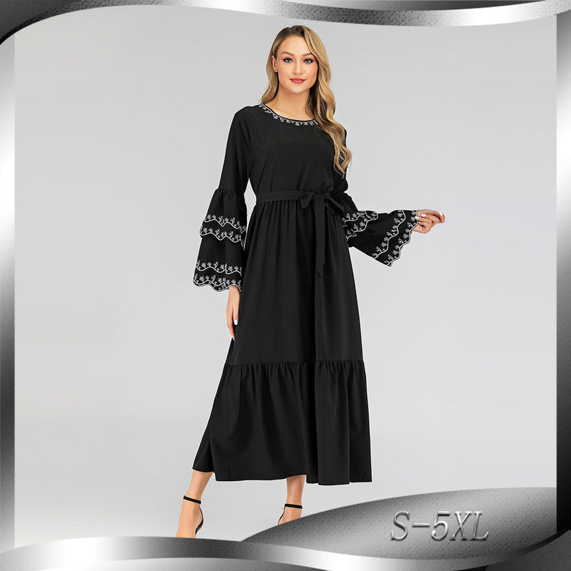 Muslim Women Stylish Kashibo Abaya Muslim Ladies Long Gown Islamic Clothing Jilbab Jalabiya Fashion Petals Sleeve Dress Long Sleeve Embroidery