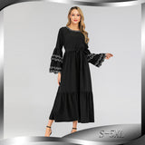 Muslim Women Stylish Kashibo Abaya Muslim Ladies Long Gown Islamic Clothing Jilbab Jalabiya Fashion Petals Sleeve Dress Long Sleeve Embroidery