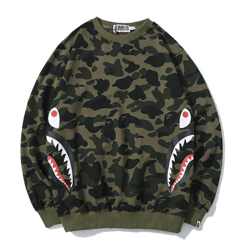 Shark Print Sweatshirts Fashion Brand Camouflage Shark Head Print Cotton Terry Round Neck Sweater