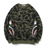 Shark Print Sweatshirts Fashion Brand Camouflage Shark Head Print Cotton Terry Round Neck Sweater
