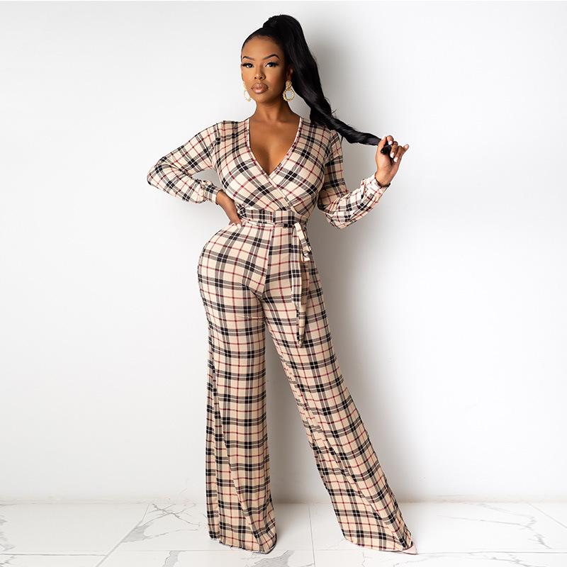 Women Plaid Catsuit Women Checkered Jumpsuit Pants Autumn and Winter Casual High Waist Lace-up Plaid Wide Leg One-Piece Trousers