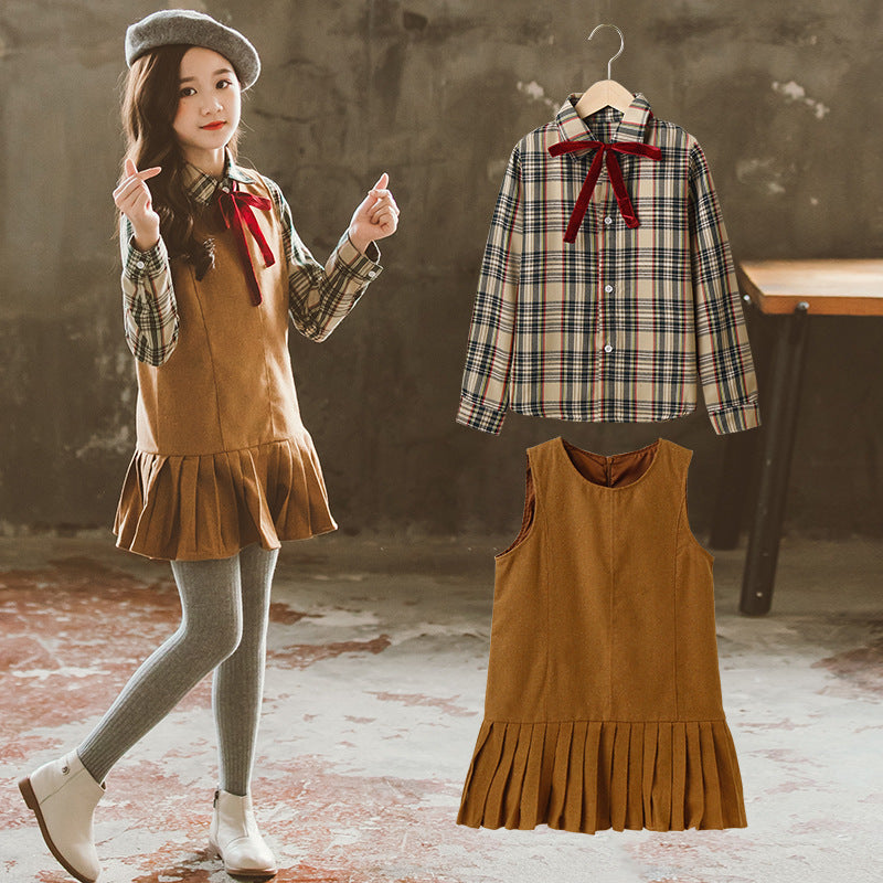 Set Vest Skirt Spring and Autumn Two Piece Set Children's Plaid Shirt Children Girl's Dress