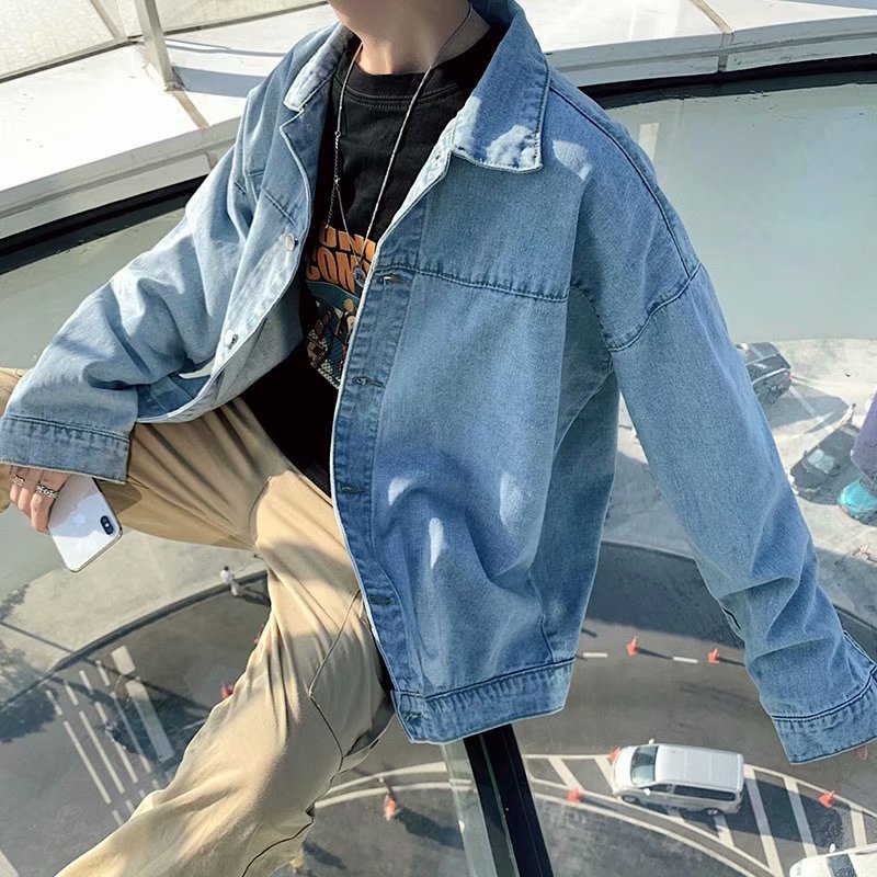 Men Denim Jacket Spring and Autumn Denim Jacket Men's Lapel Retro Loose