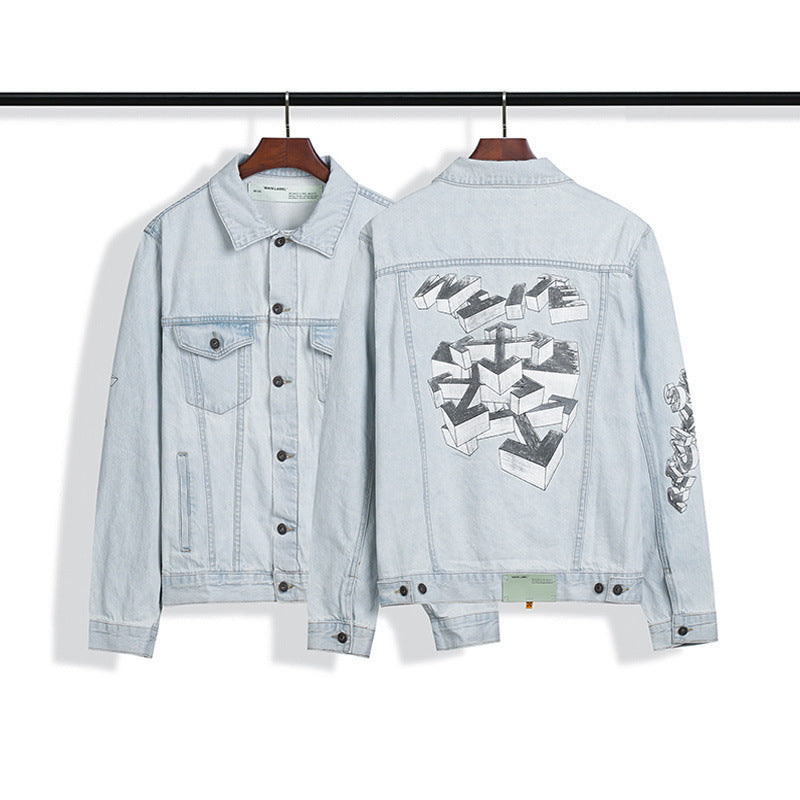 Autumn Men's 3D Hand-Painted Building Blocks Arrow Washed Old Denim Coat jacket
