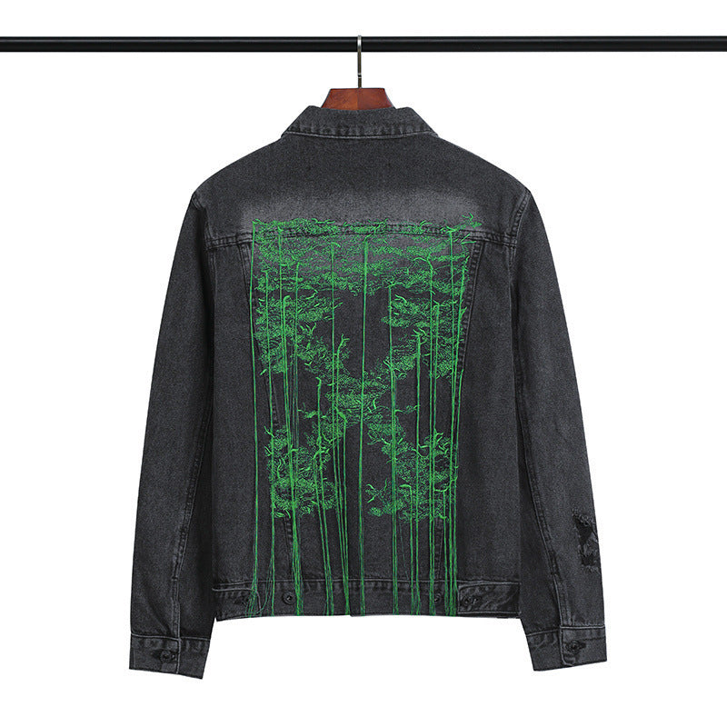 Autumn New Ow High Quality Craft Embroidery Hang Rope Letter Arrow Washed Distressed Denim Coat jacket