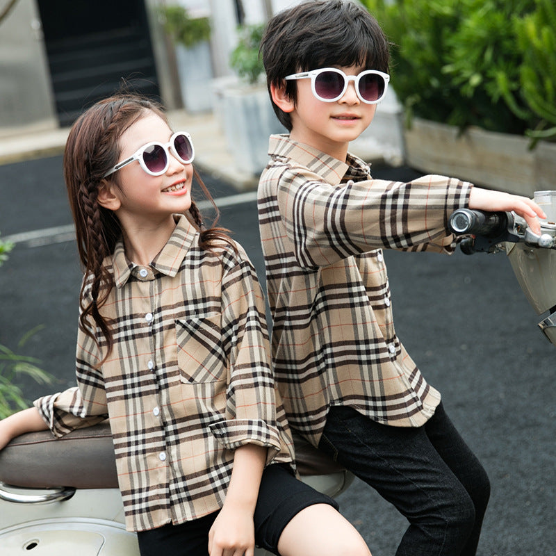 Father Son Matching Dress Shirts Autumn Plaid Shirt Long Sleeve Mother and Child Shirt