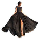 Women Lace Wedding Dress Solid Color round Neck Chiffon Dress Large Swing Dress