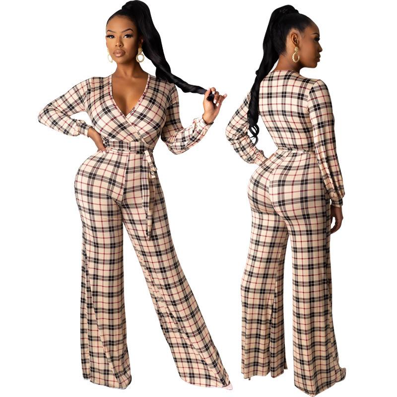 Women Plaid Catsuit Women Checkered Jumpsuit Pants Autumn and Winter Casual High Waist Lace-up Plaid Wide Leg One-Piece Trousers