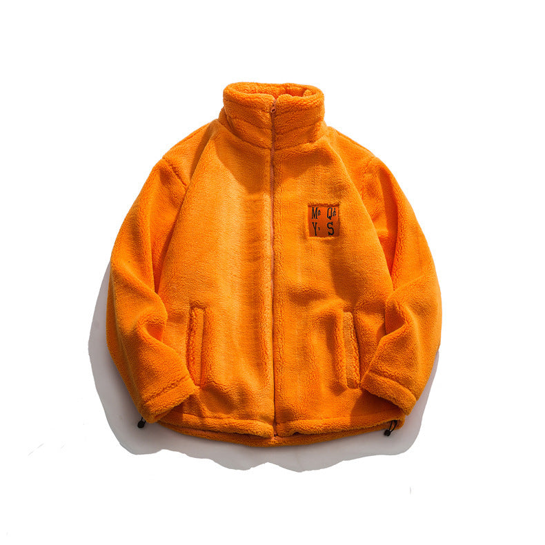 Orange Varsity Jacket Men's Lamb Wool Jacket Men's Winter Embroidery Loose Lapel Jacket