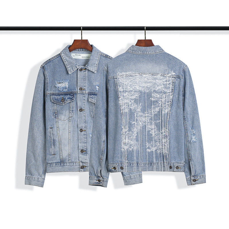 Autumn and Winter Men's Wear Ow Embroidery Hang Rope Washed Distressed Denim Coat jacket