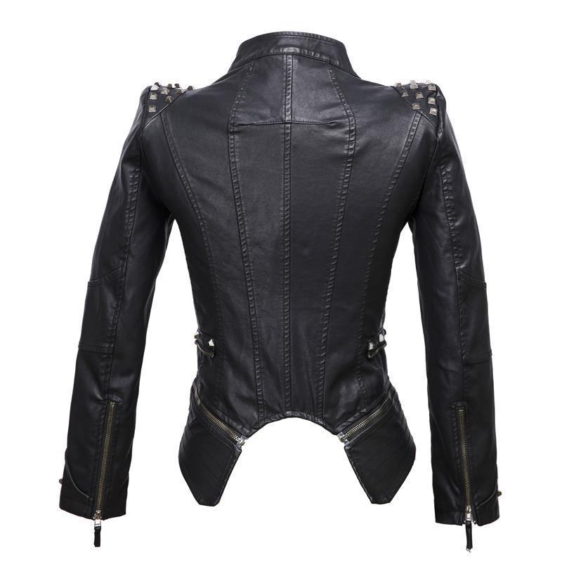 Leather Biker Coat Golden Leather Jacket Women Pu Jackets Fashion Wash Square Buckle Slim Dovetail Mid-Length