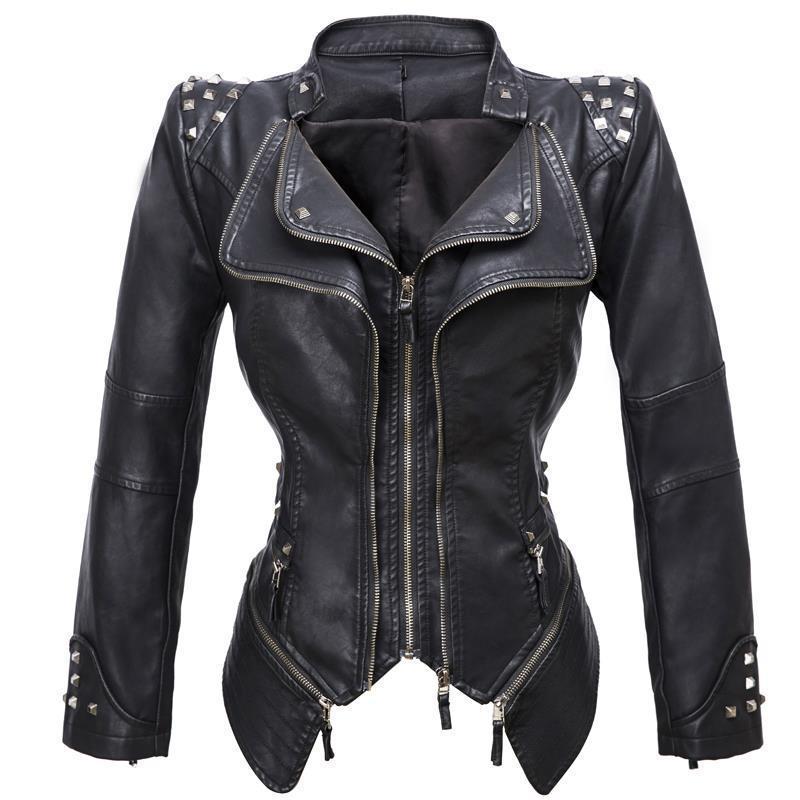 Leather Biker Coat Golden Leather Jacket Women Pu Jackets Fashion Wash Square Buckle Slim Dovetail Mid-Length