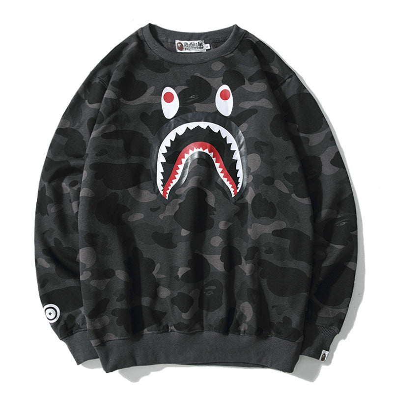 Shark Print Sweatshirts Loose Hip Hop Round Neck Sweater For Men