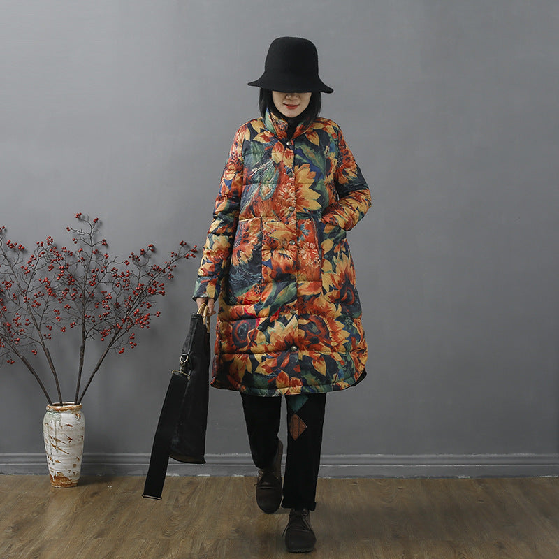 Women Winter Coats Puffer Jacket Down Coat Down Jacket Female Loose Printed White Goose Down Chinese Style Down Jacket