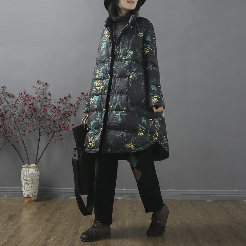 Women Winter Coats Puffer Jacket Down Coat Down Jacket Female Loose Printed White Goose Down Chinese Style Down Jacket