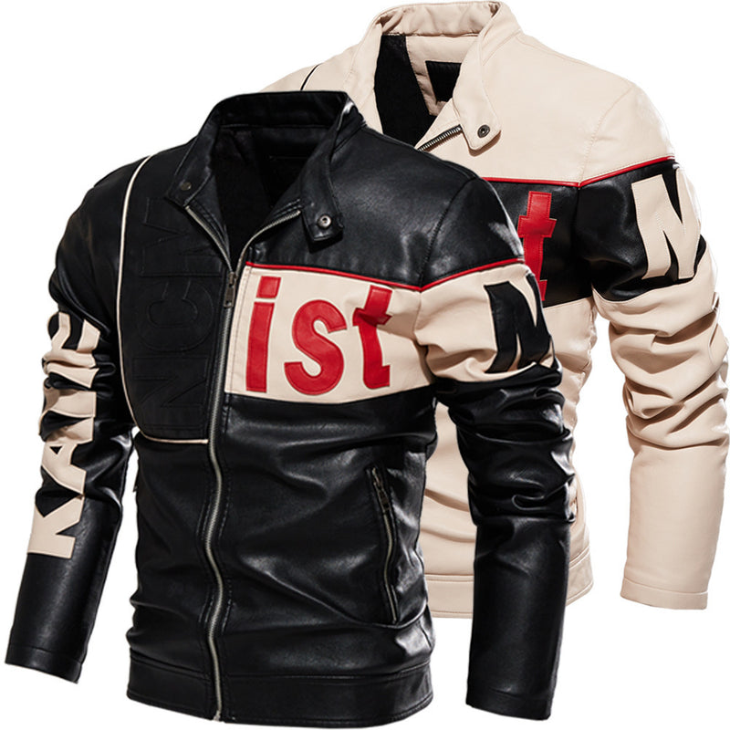 Graphic Leather Jacket Women Men's Motorcycle Clothing Color Matching Pu Jacket Fleece-Lined Cream-Colored Leather Coat Men