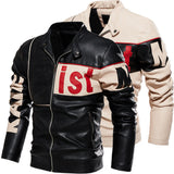 Graphic Leather Jacket Women Men's Motorcycle Clothing Color Matching Pu Jacket Fleece-Lined Cream-Colored Leather Coat Men