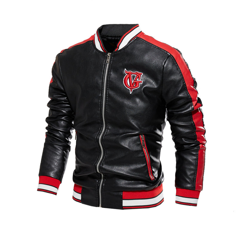 Graphic Leather Jacket Women Men's Pu Jacket British Motorcycle Clothing Fall Color-Blocking Fleece Leather Jacket Male
