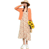 Sweet Knitted Coat & Floral Strap Cottagecore Aesthetic Dress 2 Piece Set