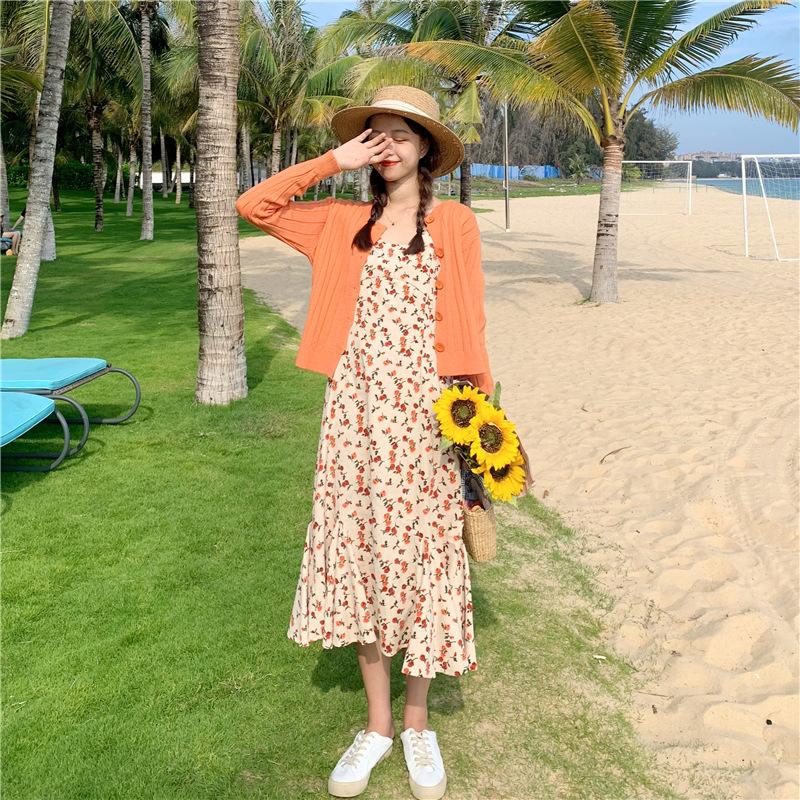 Sweet Knitted Coat & Floral Strap Cottagecore Aesthetic Dress 2 Piece Set