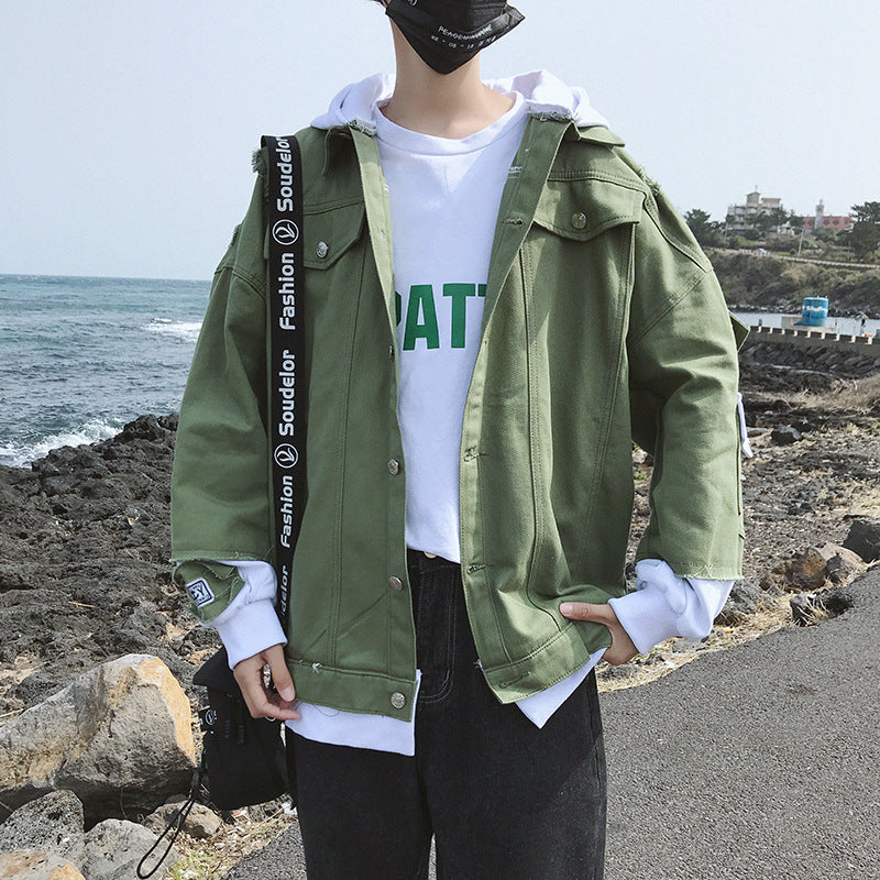 Men Denim Jacket plus Size Men's Casual Loose-Fitting Hoodie Cardigan Jacket