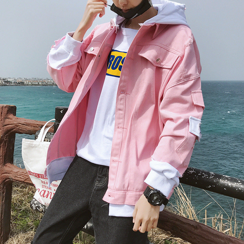 Men Denim Jacket plus Size Men's Casual Loose-Fitting Hoodie Cardigan Jacket