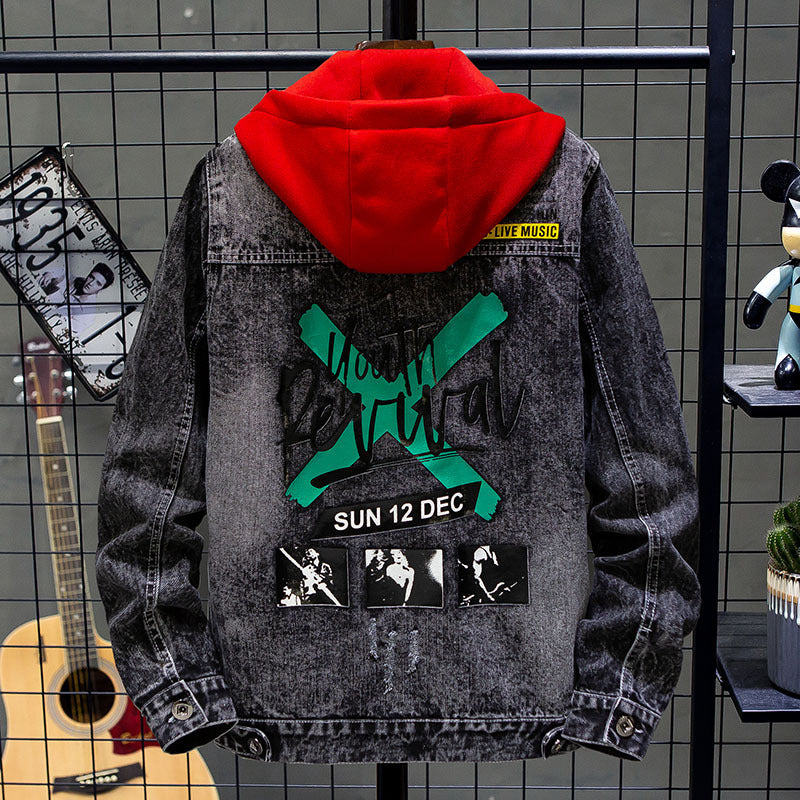 Men Denim Jacket Men's Denim Coat Spring and Autumn Hooded Spring Top