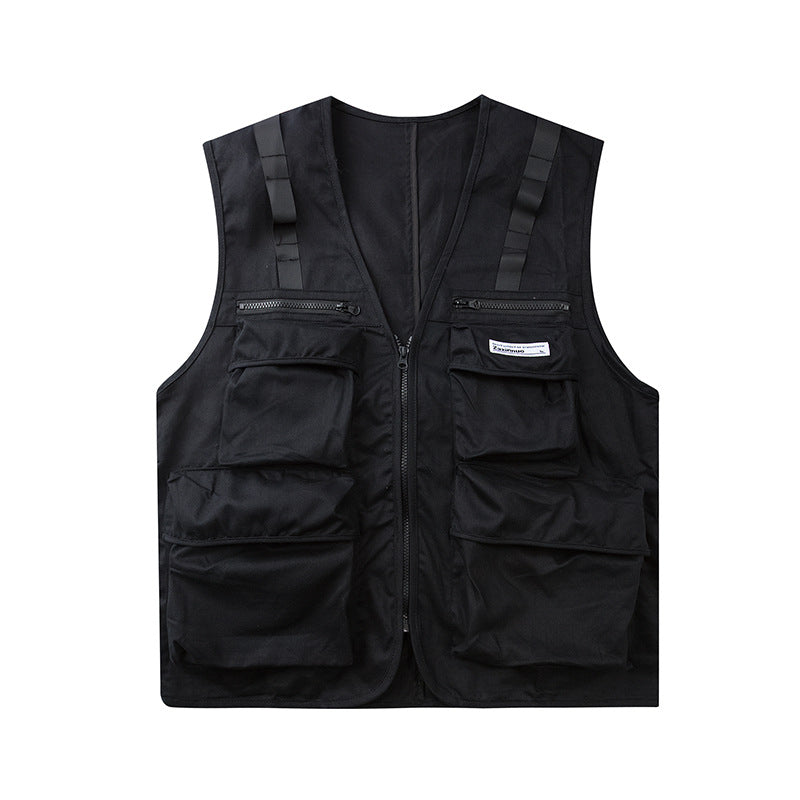 Men Sweater Vest Mechanical Style Multi-Pocket Workwear Vest Men's Vest Loose Street Sleeveless Jacket