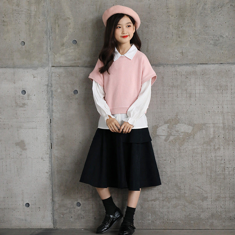 Sweater Set Three-Piece Set Autumn and Winter Long Sleeve Shirt Children Girl's Spring Clothes