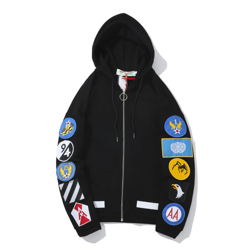 OW Embroidery on Sleeves Zipper  Loose All-Match Diagonal Striped Sweater hoodie