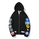 OW Embroidery on Sleeves Zipper  Loose All-Match Diagonal Striped Sweater hoodie