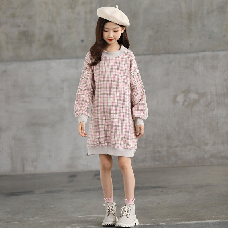 Mid-Length Spring, Autumn and Winter Children's Sweater round Neck Plaid Long Sleeve Children Girl's Dress